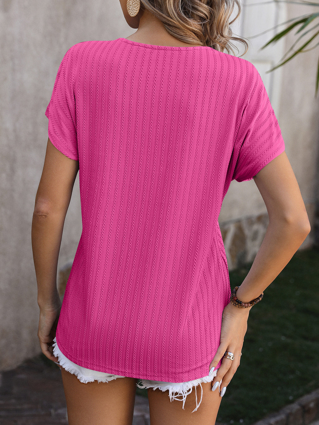 Ribbed Surplice V Neck Cap Sleeve Top - Hot_pink - 2