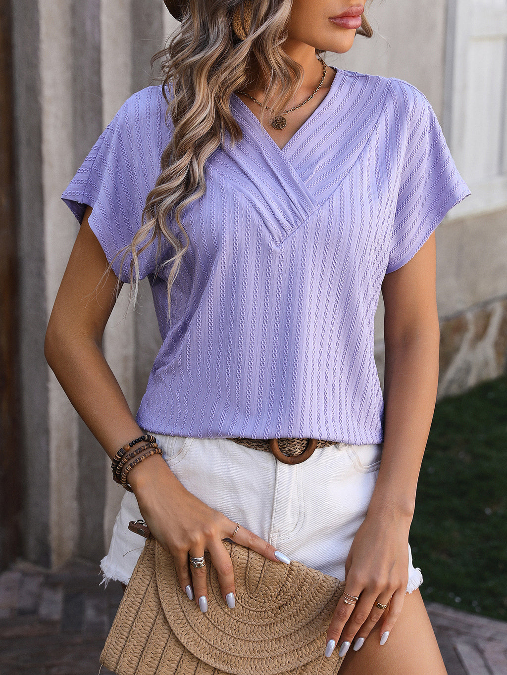 Ribbed Surplice V Neck Cap Sleeve Top - Purple
