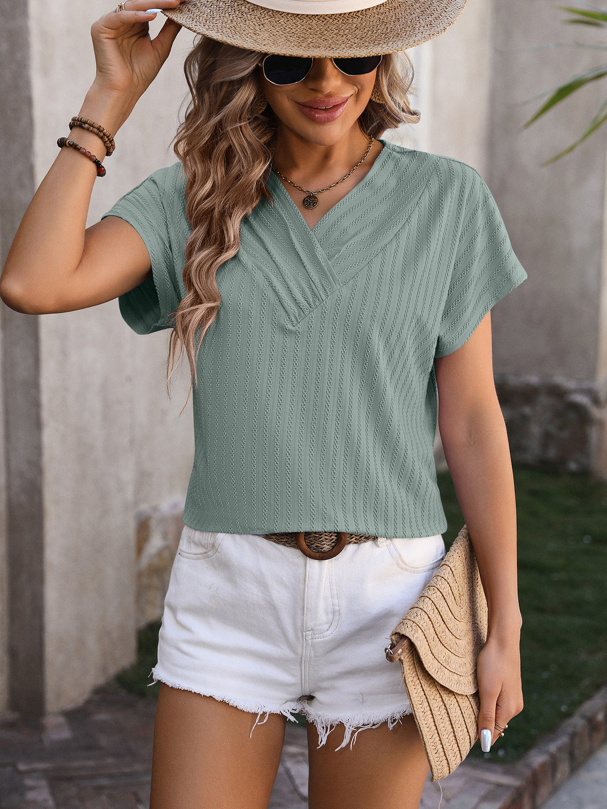 Ribbed Surplice V Neck Cap Sleeve Top - Sage - 1