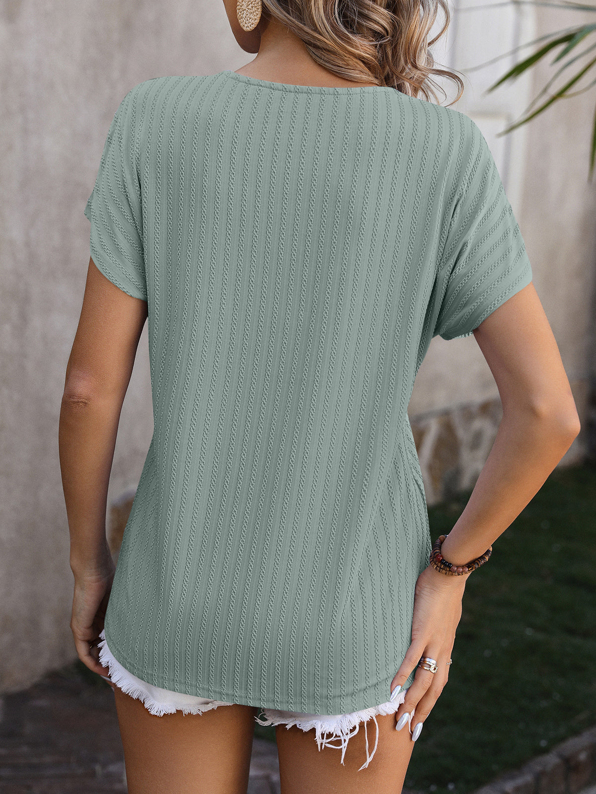 Ribbed Surplice V Neck Cap Sleeve Top - Sage - 2