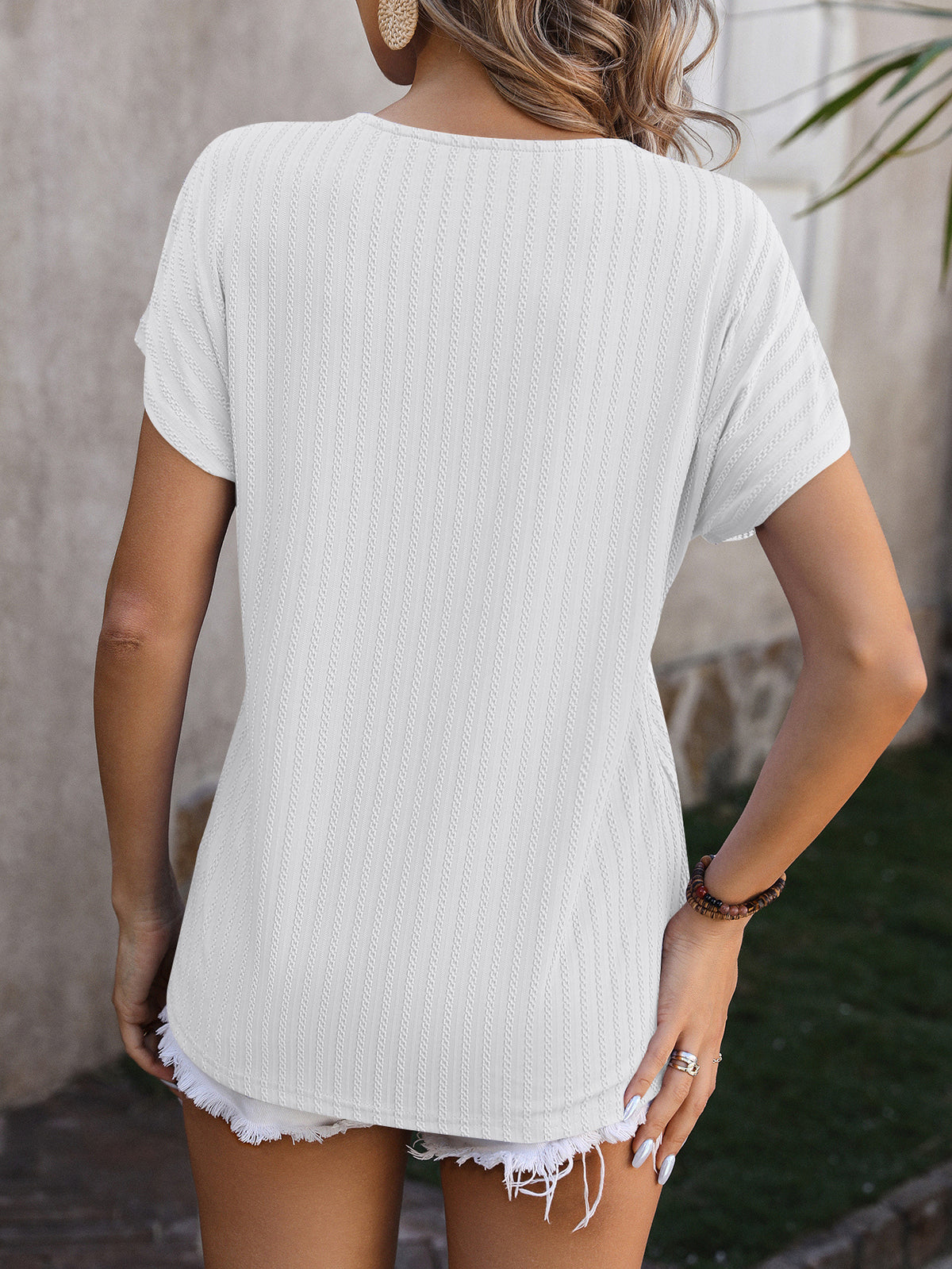Ribbed Surplice V Neck Cap Sleeve Top - White - 2