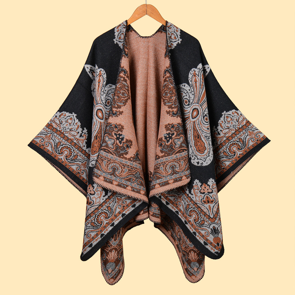 Paisley Jacquard Open Front Ruana Cape - Black