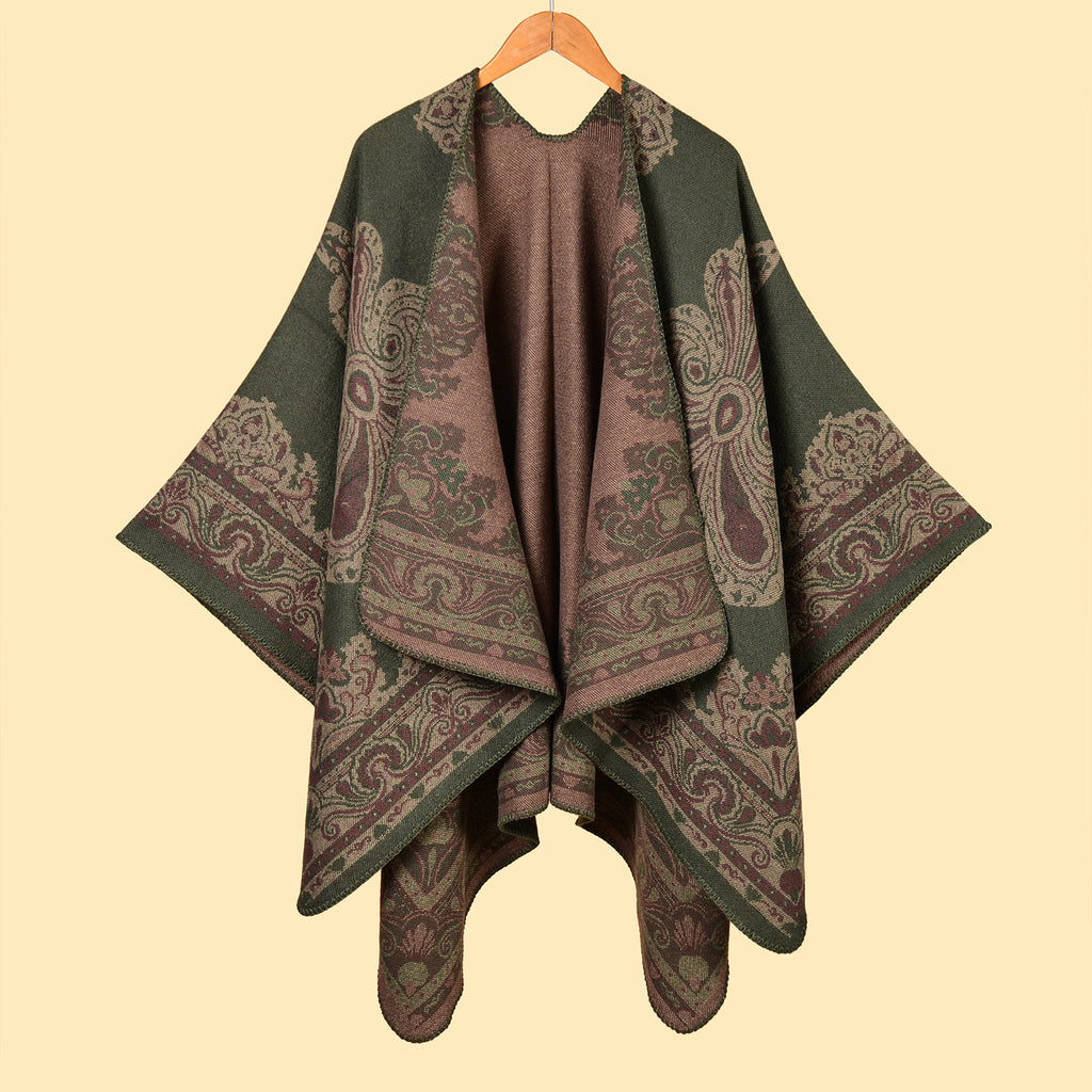 Paisley Jacquard Open Front Ruana Cape - Green
