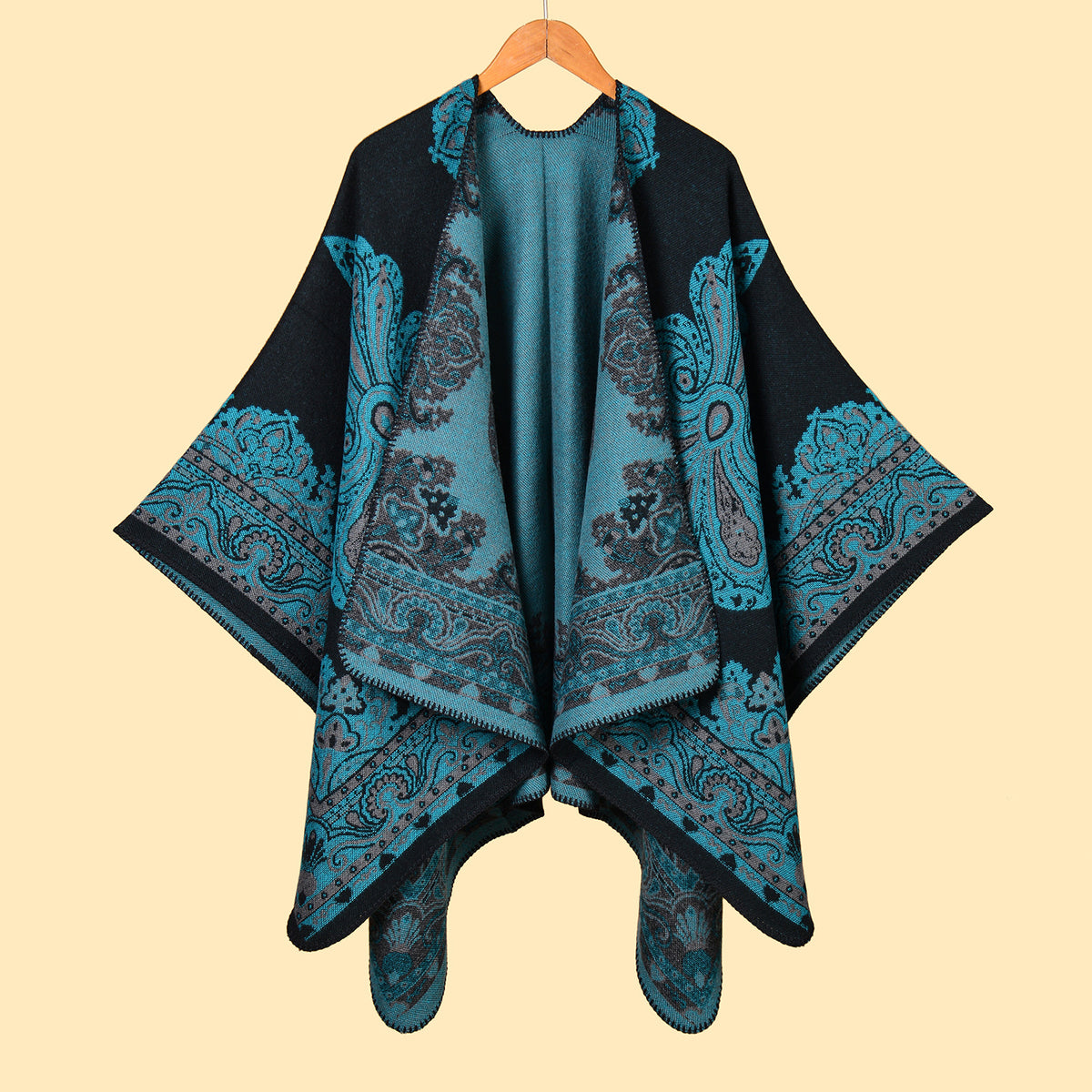 Paisley Jacquard Open Front Ruana Cape - LakeBlue