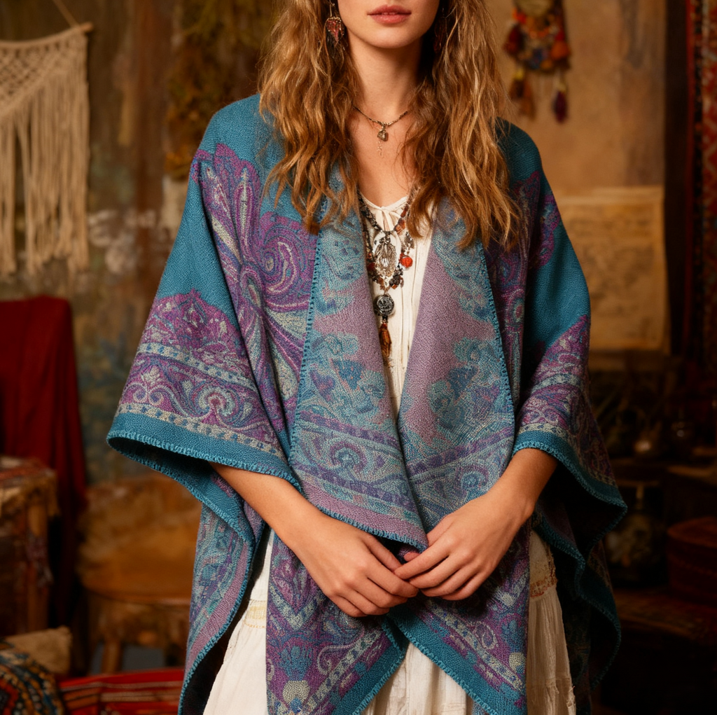 Paisley Jacquard Open Front Ruana Cape - view 1