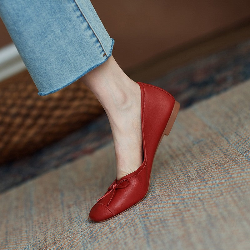 Soft Leather Bow Ballet Flats - Red