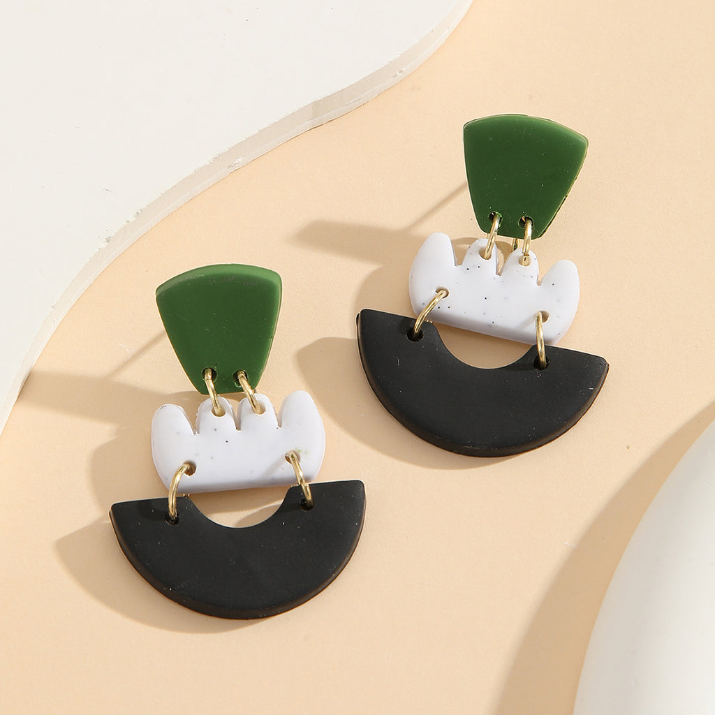 Stacked Geometric Clay Statement Drop Earrings - Black