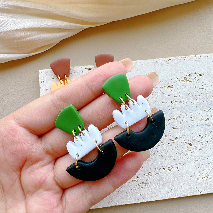 Stacked Geometric Clay Statement Drop Earrings - Black - 1