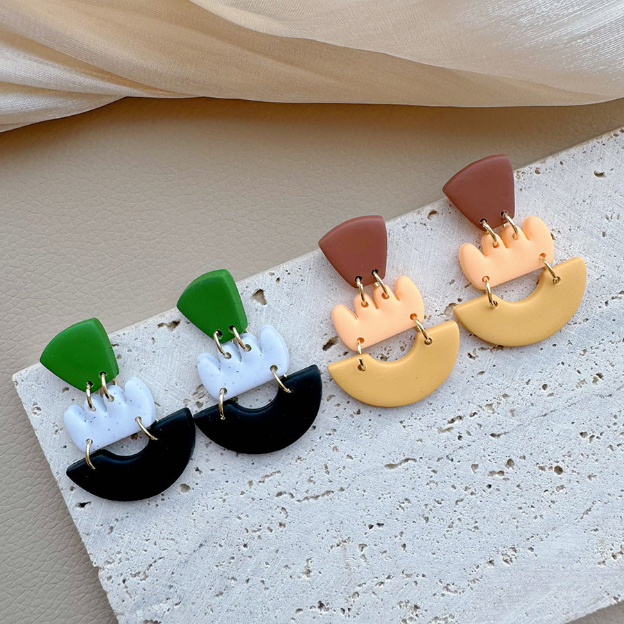 Stacked Geometric Clay Statement Drop Earrings - Black - 2