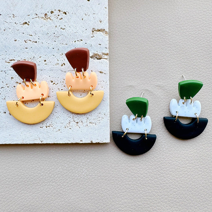 Stacked Geometric Clay Statement Drop Earrings - Yellow - 1