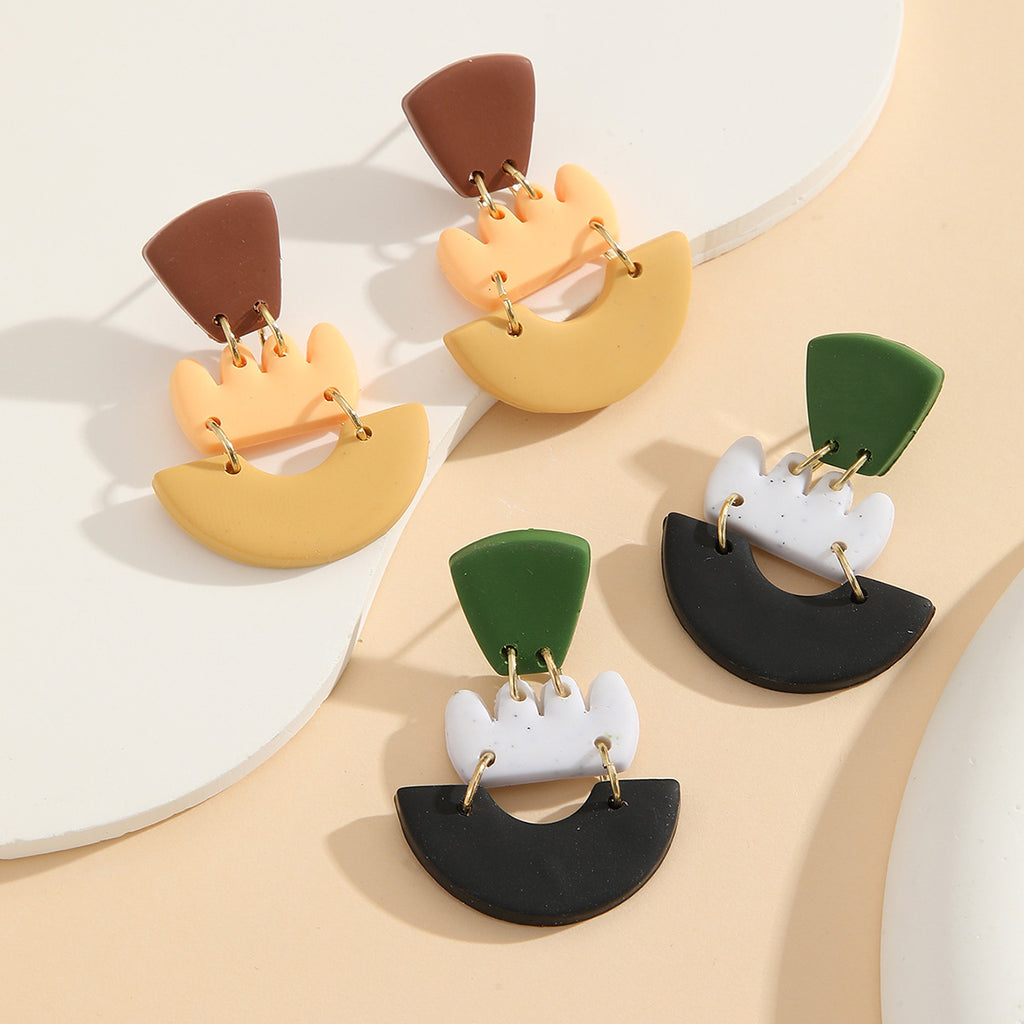 Stacked Geometric Clay Statement Drop Earrings - Yellow - 2