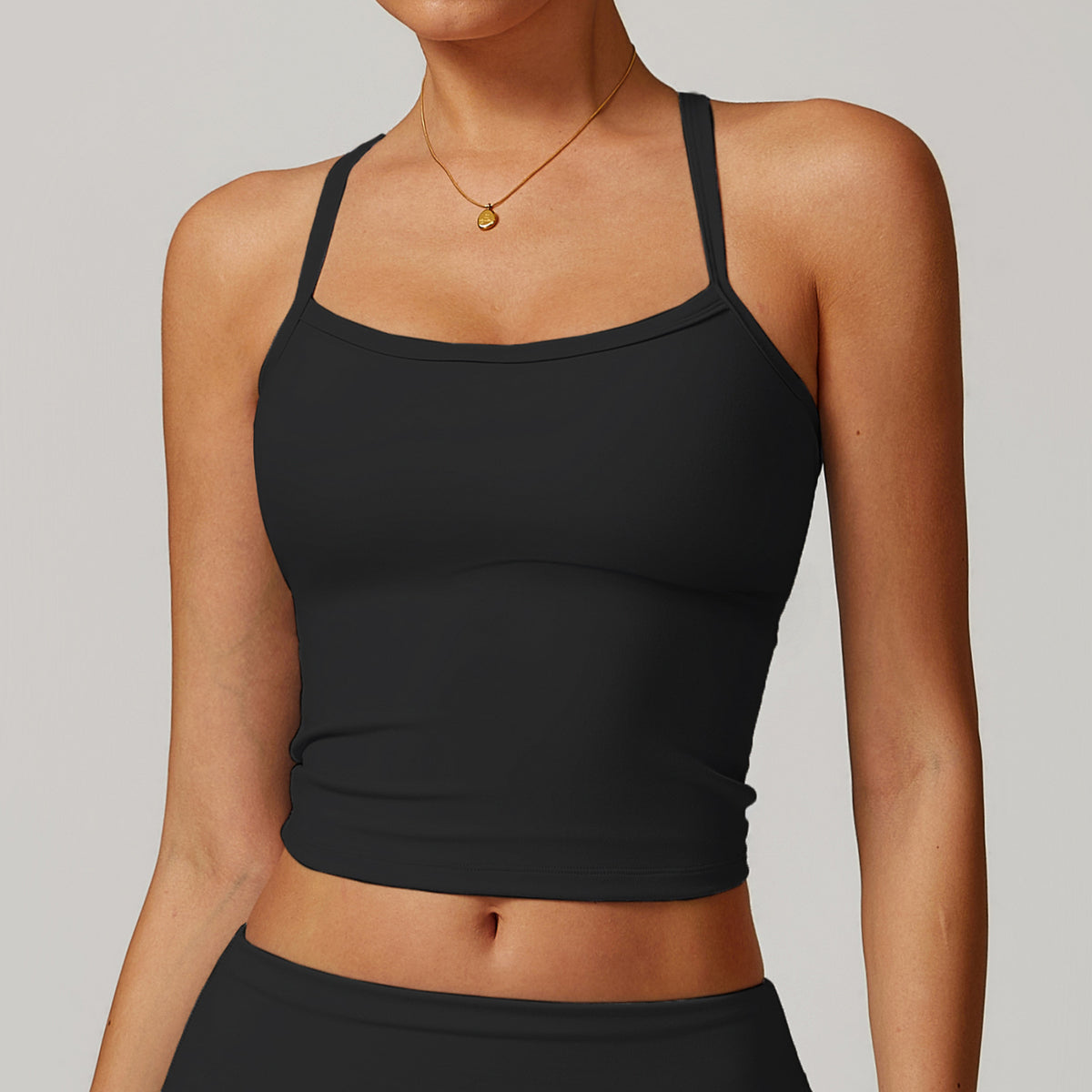 Strappy Back Built In Bra Yoga Vest - Black