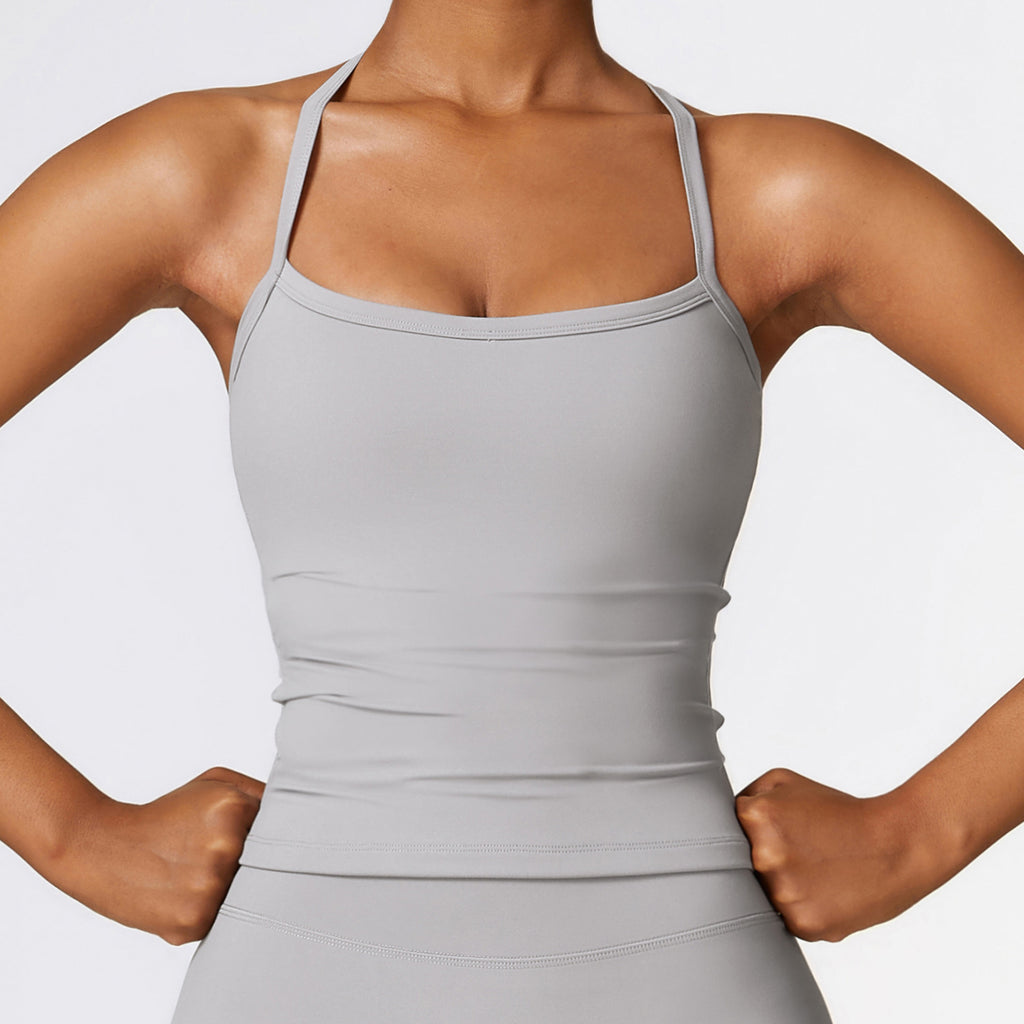 Strappy Back Built In Bra Yoga Vest - Gray