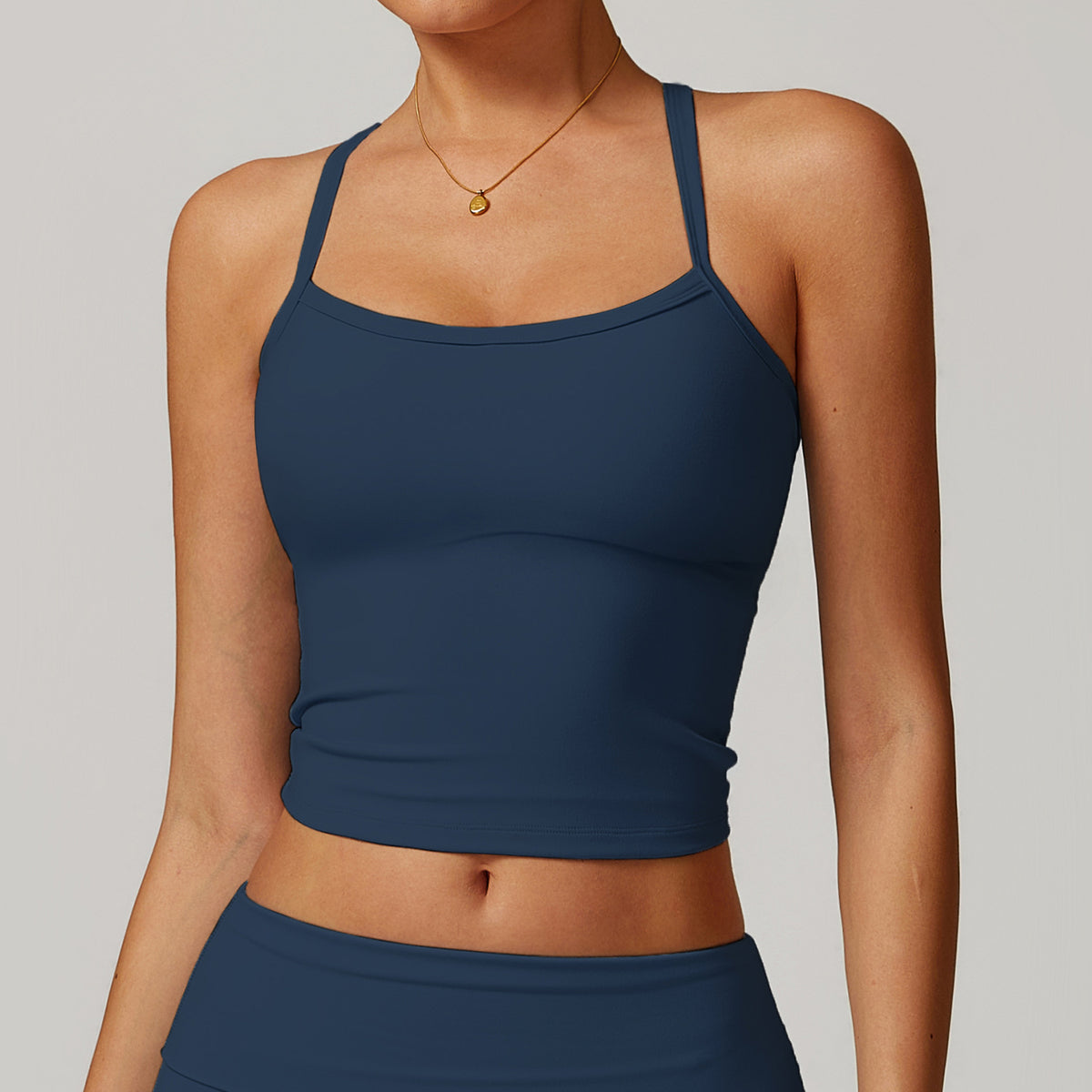 Strappy Back Built In Bra Yoga Vest - Navy_Blue