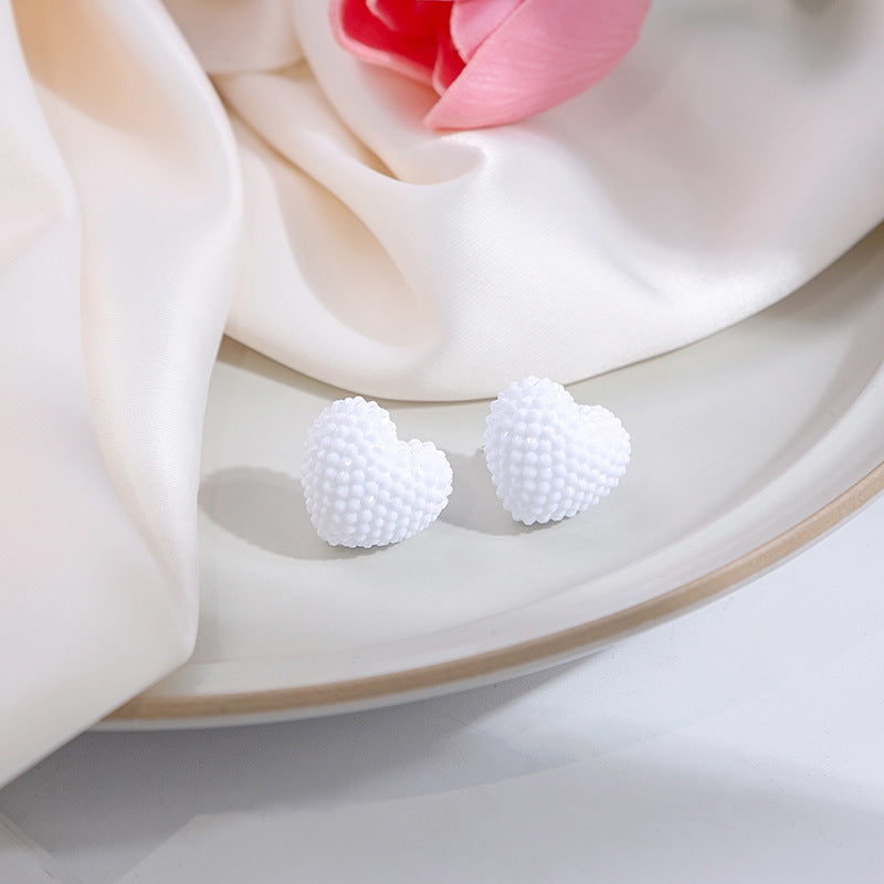 Textured Berry Ball And Heart Studs - WhiteLove