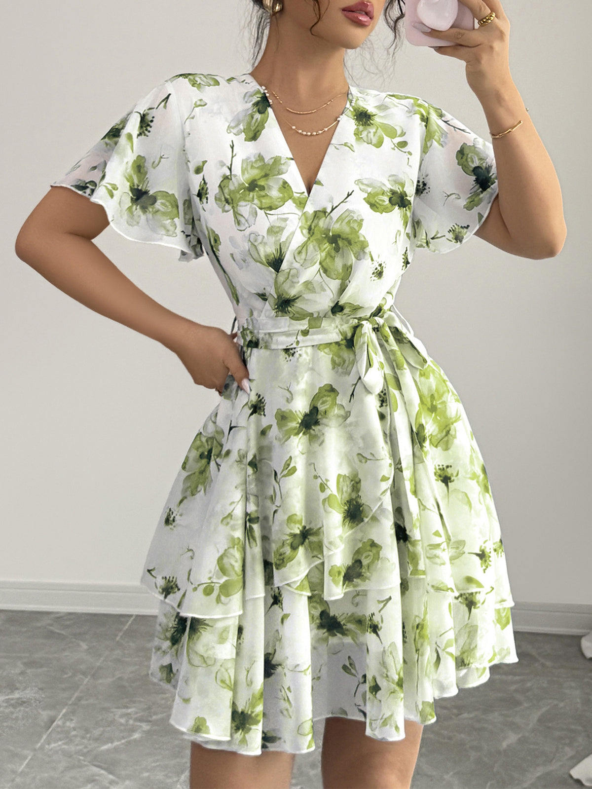 Watercolor Floral Wrap Mini Dress - Green