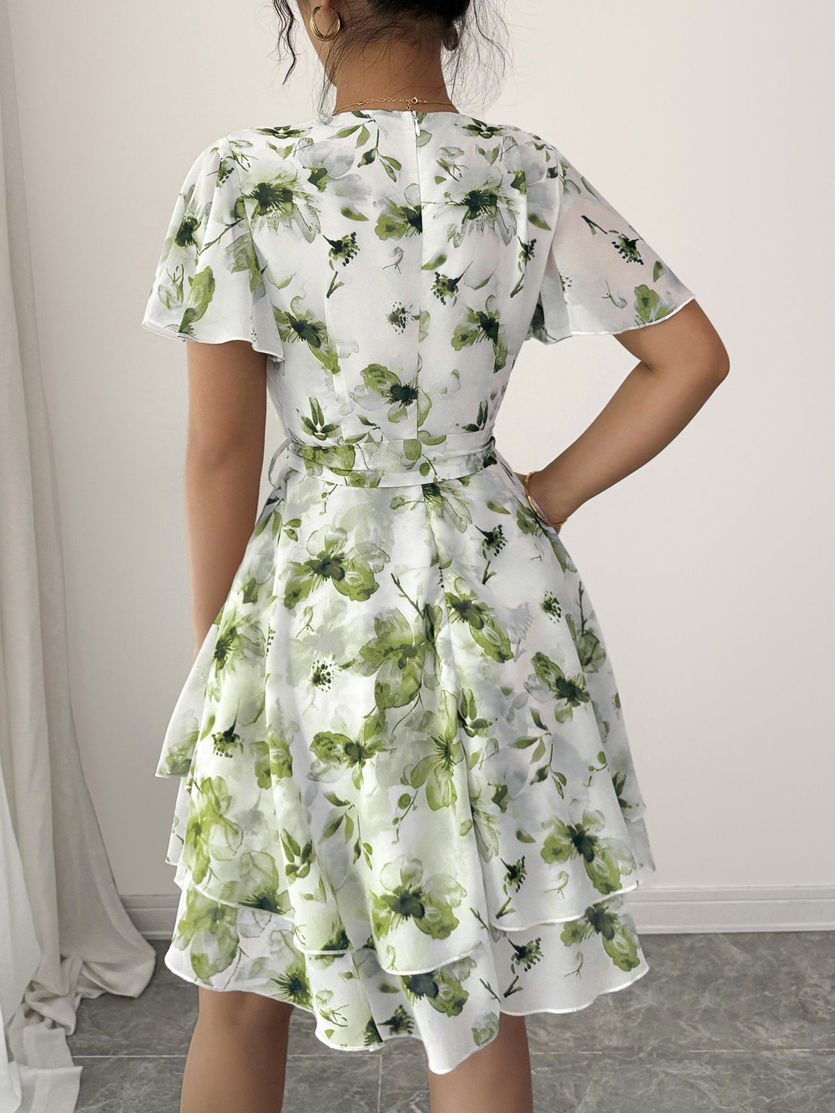 Watercolor Floral Wrap Mini Dress - Green - 1