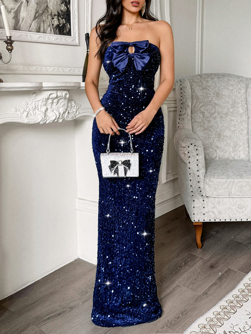 Sequin Bow Front Strapless Mermaid Gown - DarkBlue