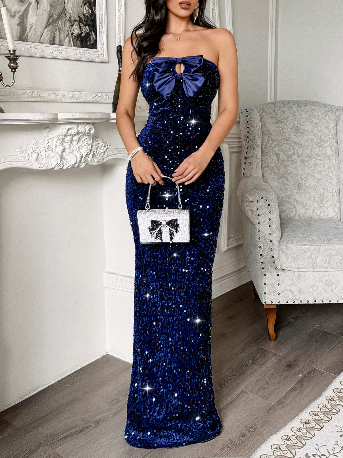 Sequin Bow Front Strapless Mermaid Gown - DarkBlue