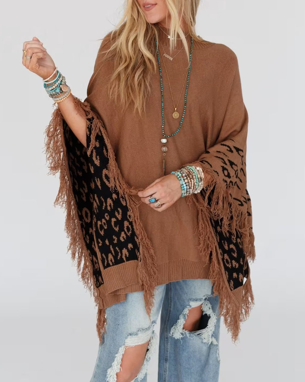 Fringe Trim Leopard Panel Batwing Sweater - Brown