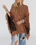 Fringe Trim Leopard Panel Batwing Sweater - Brown
