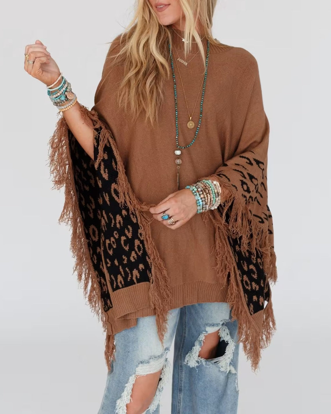 Fringe Trim Leopard Panel Batwing Sweater - Brown