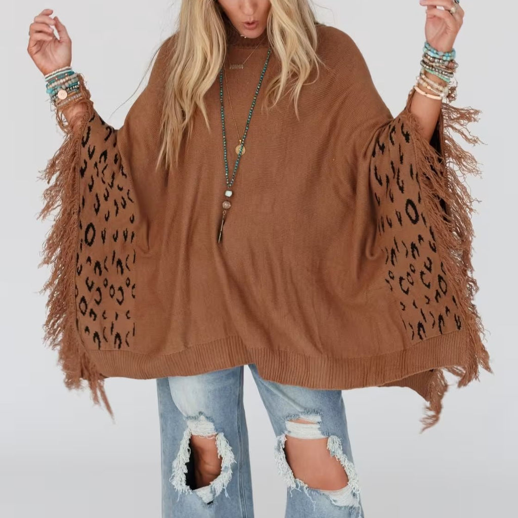 Fringe Trim Leopard Panel Batwing Sweater - Brown - 1