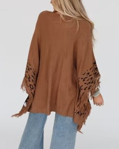Fringe Trim Leopard Panel Batwing Sweater - Brown - 2