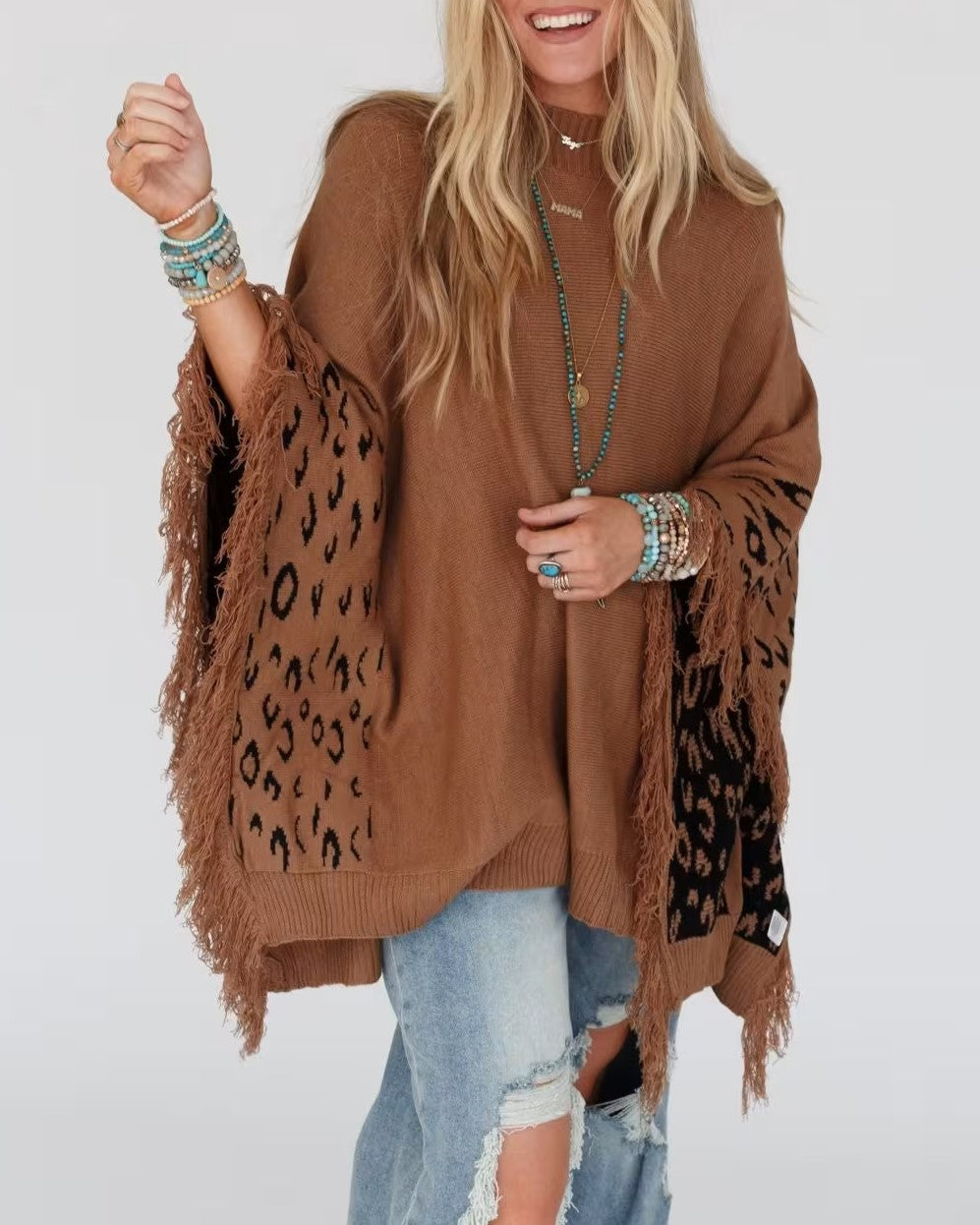Fringe Trim Leopard Panel Batwing Sweater - Brown - 3