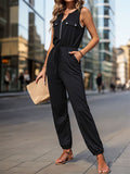 Sleeveless Zip Front Drawstring Jogger Jumpsuit - Black