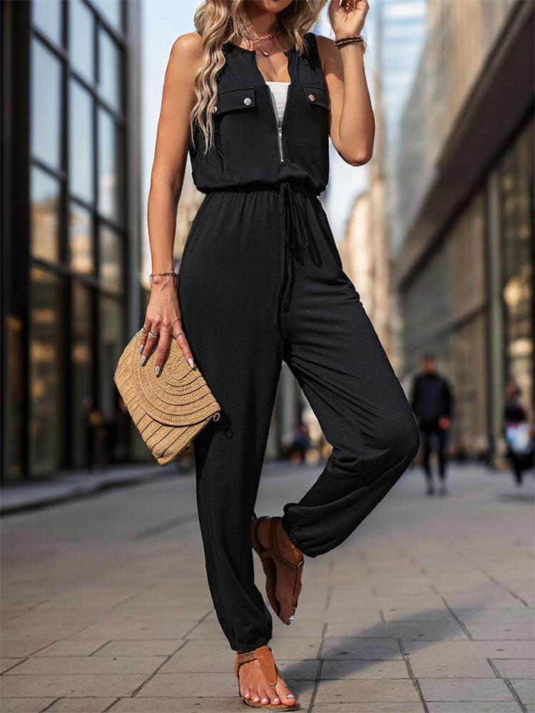 Sleeveless Zip Front Drawstring Jogger Jumpsuit - Black - 1