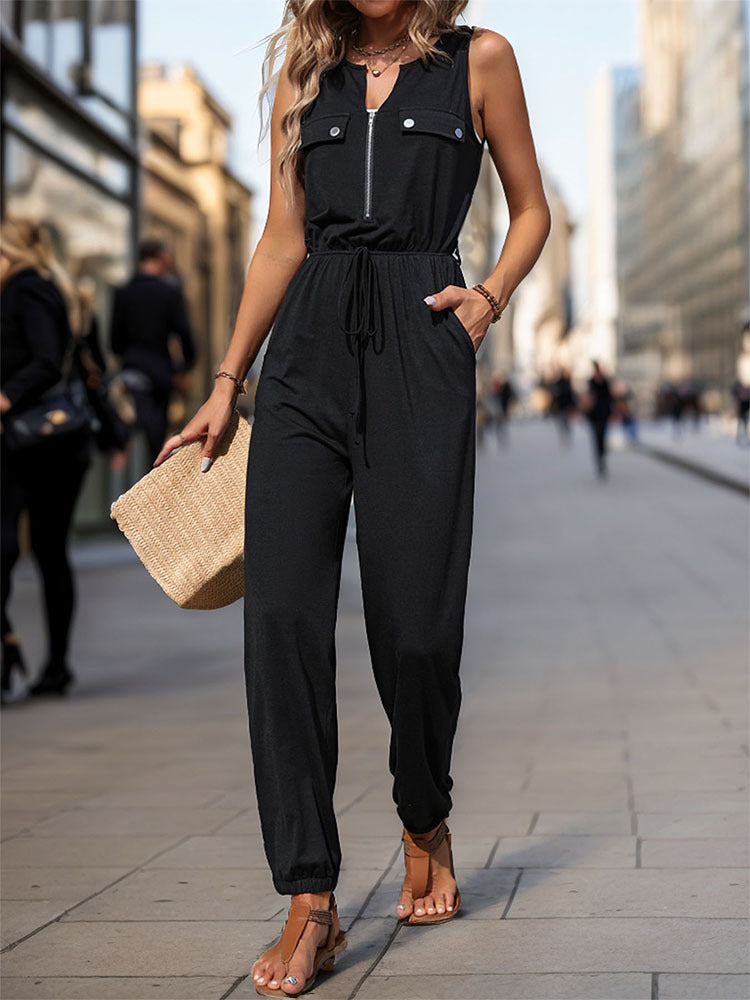 Sleeveless Zip Front Drawstring Jogger Jumpsuit - Black - 4