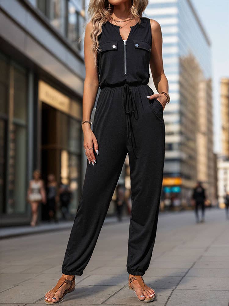 Sleeveless Zip Front Drawstring Jogger Jumpsuit