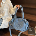 Star Patch Denim Tote Bag with Coin Pouch - Light Blue