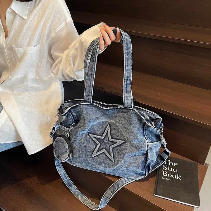 Star Patch Denim Tote Bag with Coin Pouch - Vintage Blue