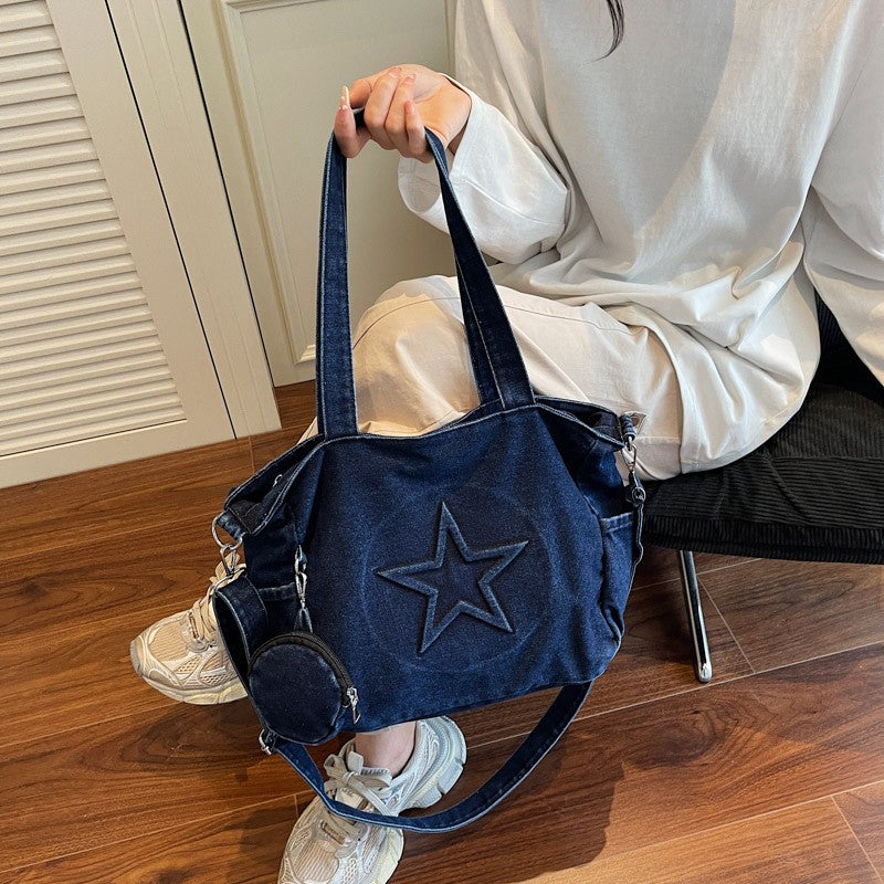 Star Patch Denim Tote Bag with Coin Pouch
