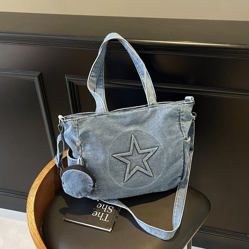 Star Patch Denim Tote Bag with Coin Pouch