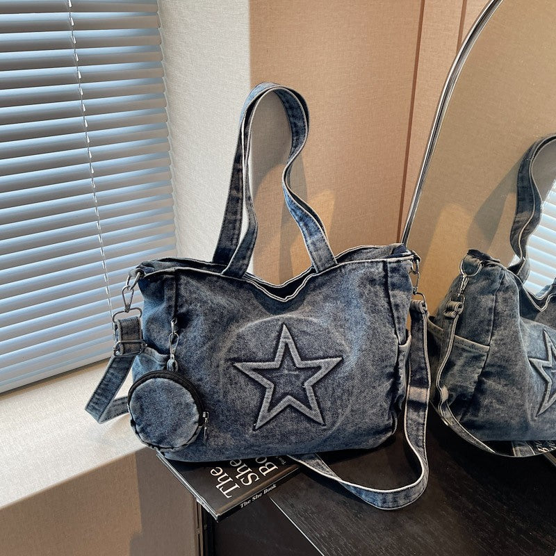 Star Patch Denim Tote Bag with Coin Pouch