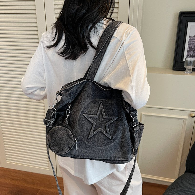 Star Patch Denim Tote Bag with Coin Pouch