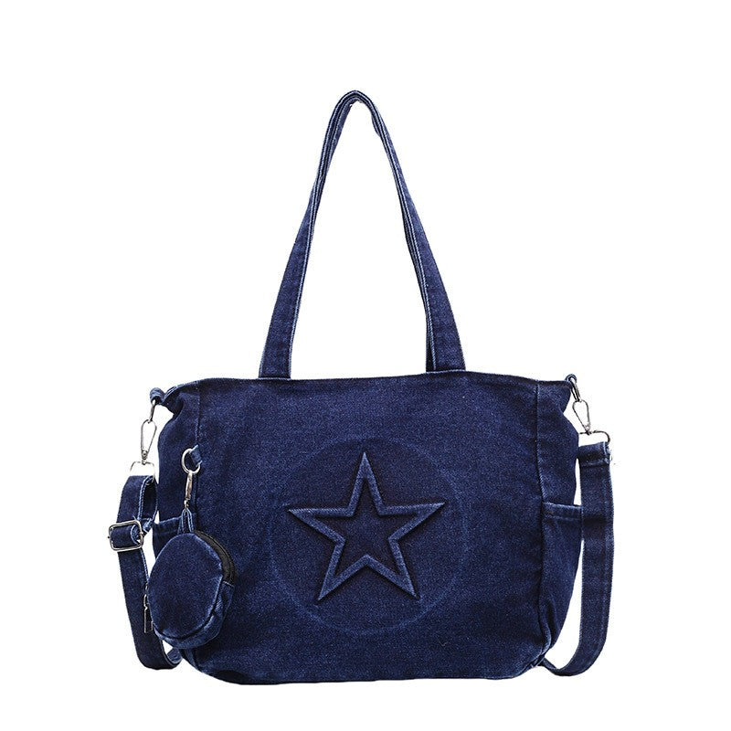 Star Patch Denim Tote Bag with Coin Pouch