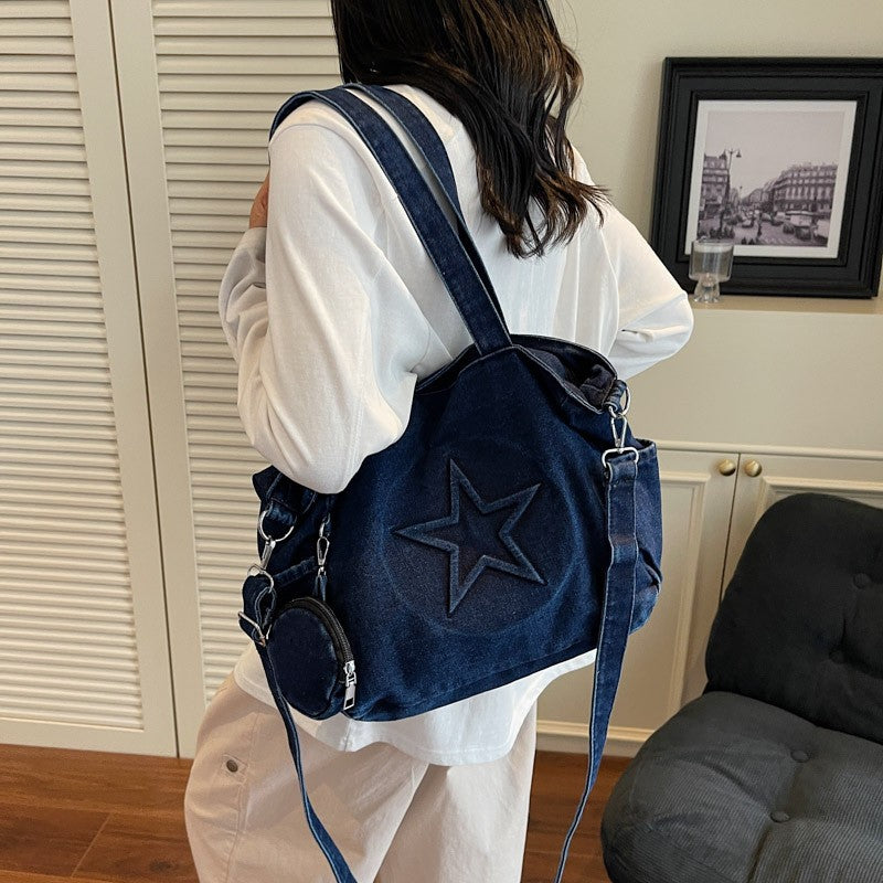 Star Patch Denim Tote Bag with Coin Pouch