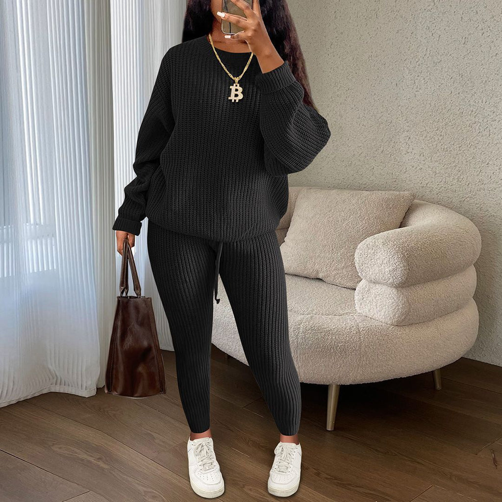 Ribbed Knit Sweater And Tapered Pants Set - Black