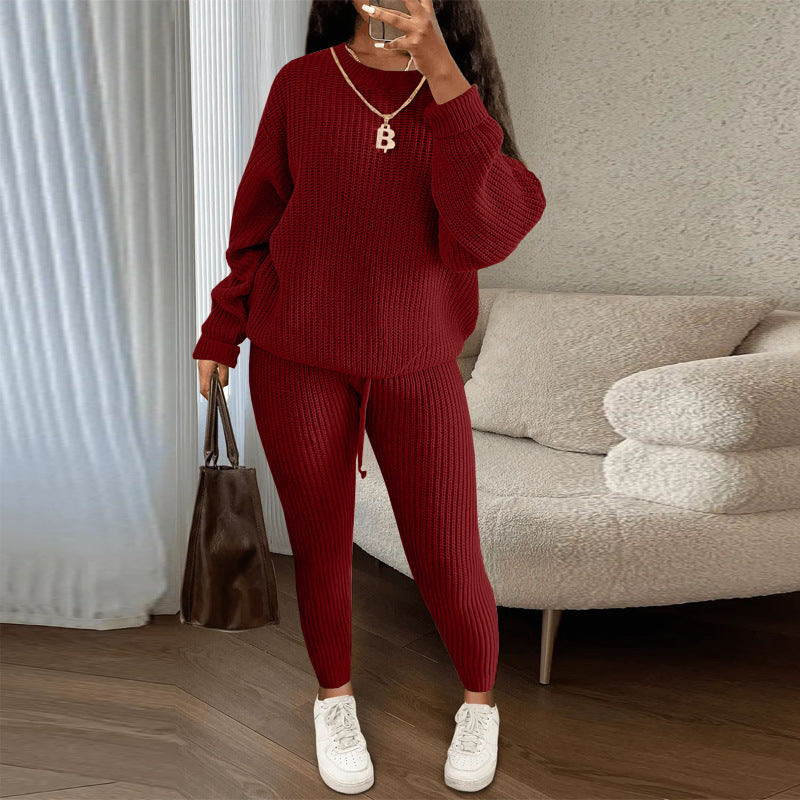 Ribbed Knit Sweater And Tapered Pants Set - Burgundy