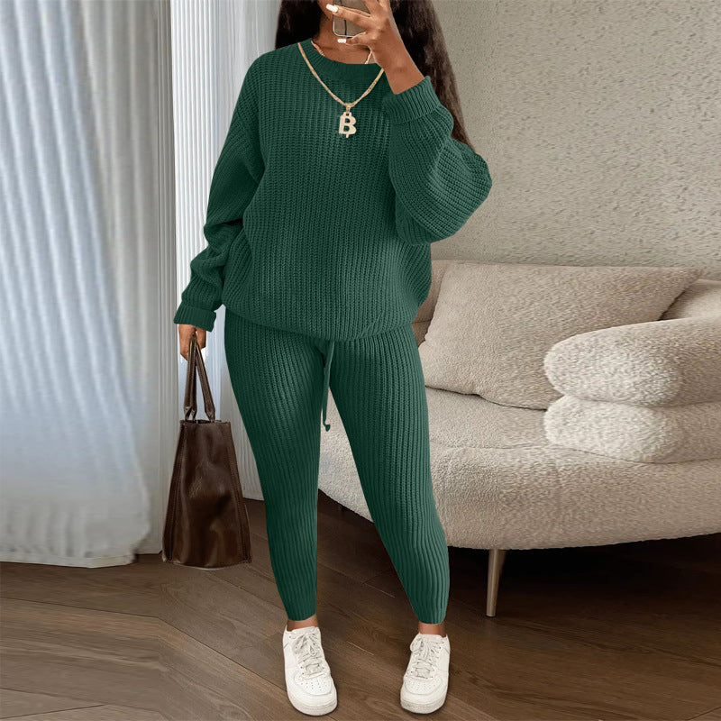 Ribbed Knit Sweater And Tapered Pants Set - Green