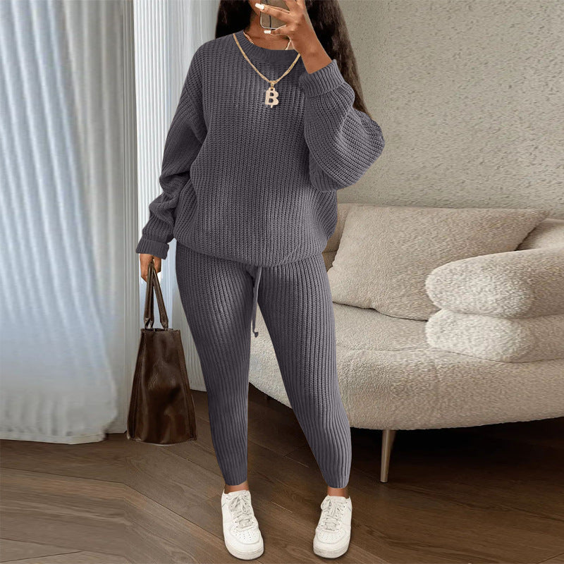Ribbed Knit Sweater And Tapered Pants Set - Grey