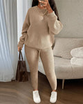 Ribbed Knit Sweater And Tapered Pants Set - Khaki