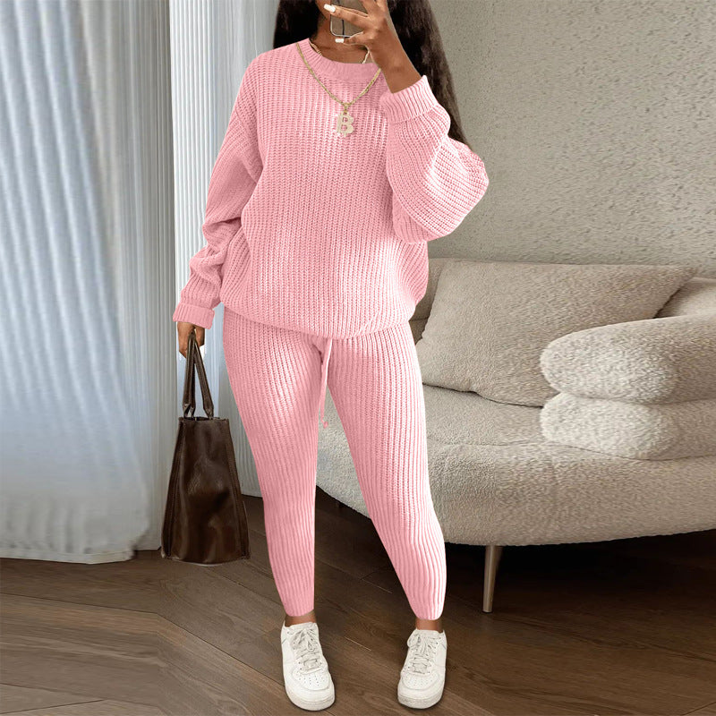 Ribbed Knit Sweater And Tapered Pants Set - Pink