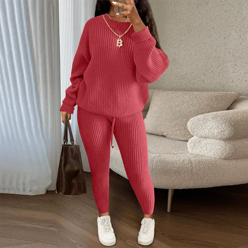Ribbed Knit Sweater And Tapered Pants Set - Red