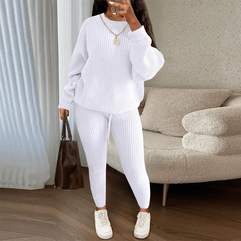 Ribbed Knit Sweater And Tapered Pants Set - White