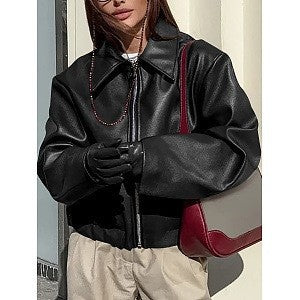 Faux Leather Wide Collar Zip Front Oversized Jacket - Black